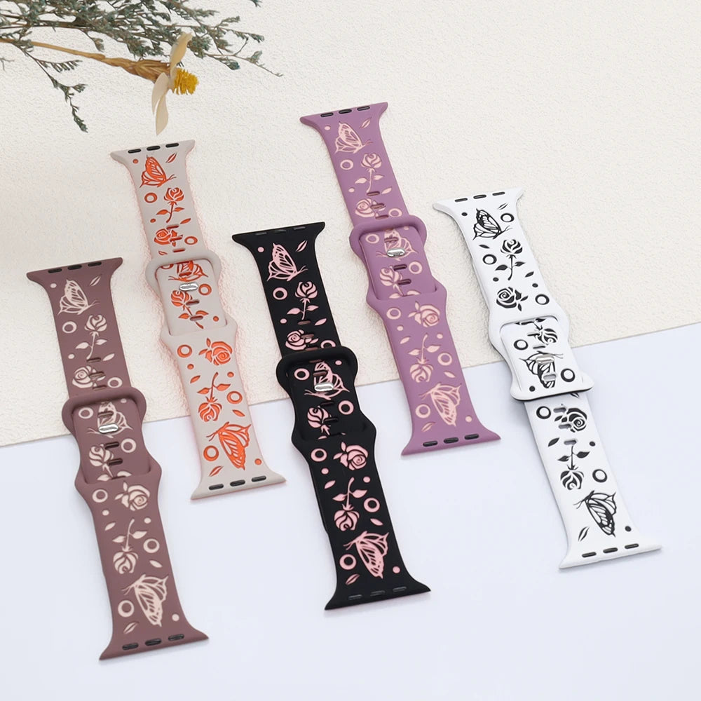 Floral Engraved Strap for Apple Watch Band 38mm 40mm 41mm 42mm 44mm 35mm 49mm Silicone Bracelet Iwatch Series Ultra 9 8 7 SE 6 5