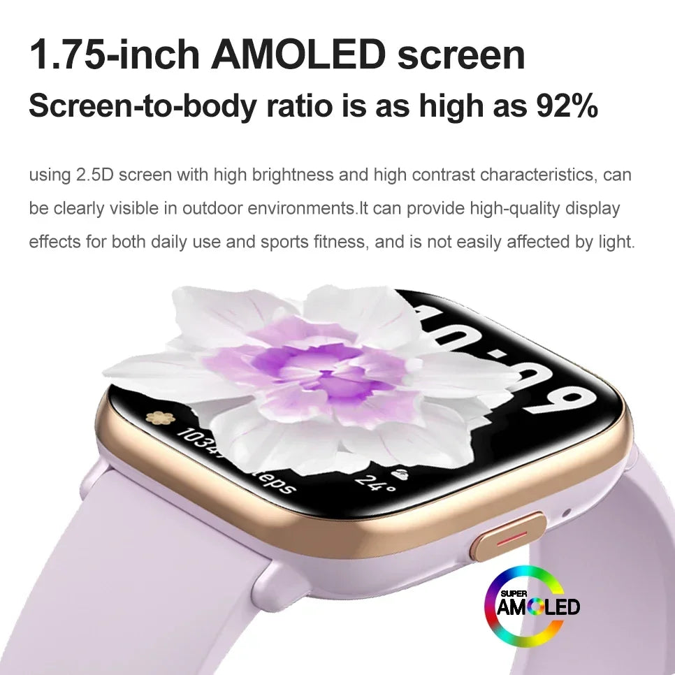 New Women Smartwatch 1.75inch AMOLED HD Screen Bluetooth Call Men Smartwatch Heart rate Sleep Track Waterproof Smartwatch 2024