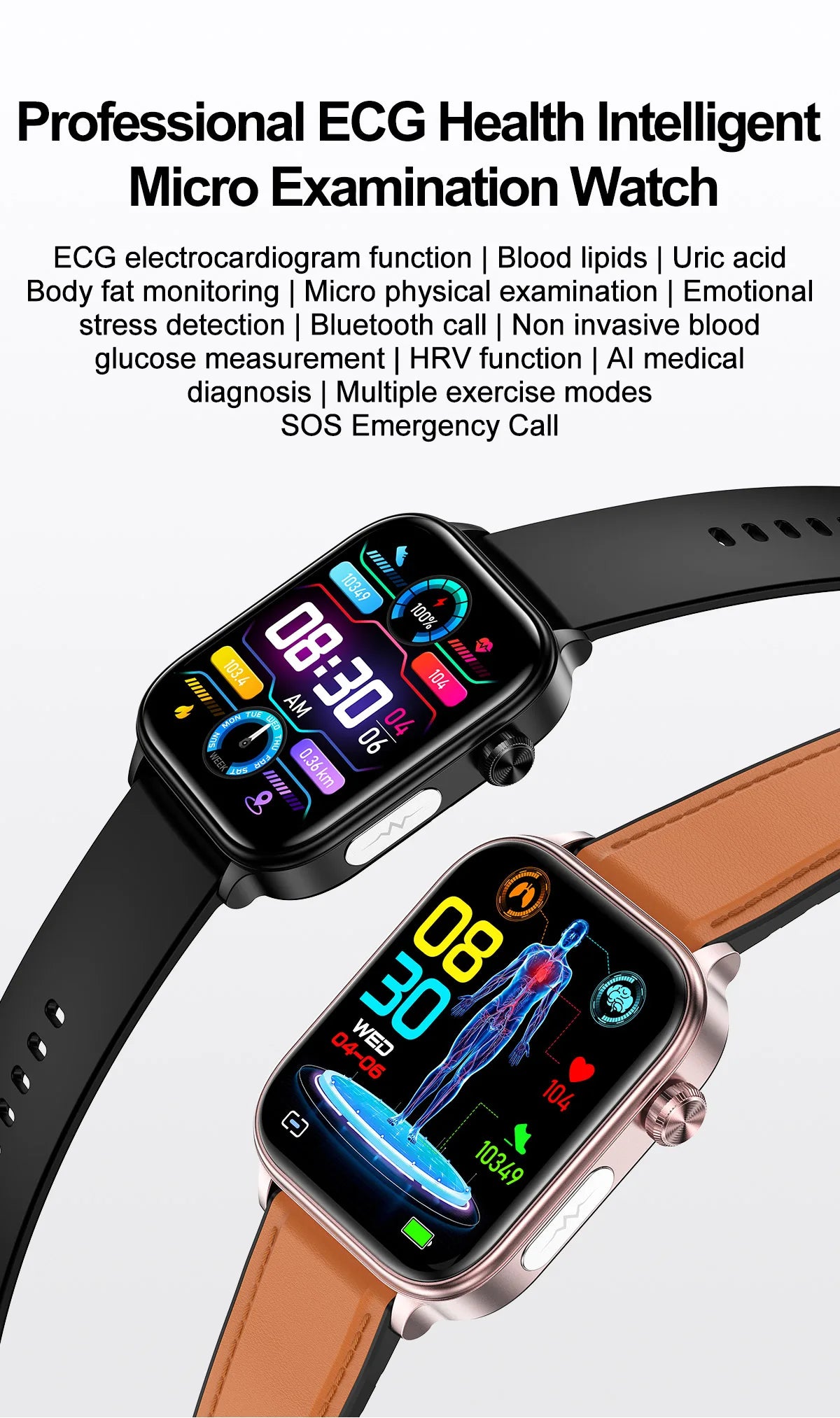 2024 New Blood Lipids Uric Acid Blood Glucose Smart Watch Men ECG+PPG Fitness Tracker Clock Heart Rate Bluetooth call Smartwatch