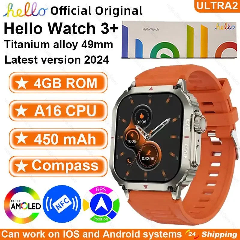 2024 New Hello Watch 3+ Smartwatch 49mm Ultra HD AMOLED 4G ROM NFC GPS Compass Clock Bluetooth Call Smart Watch 3 Plus Men Women