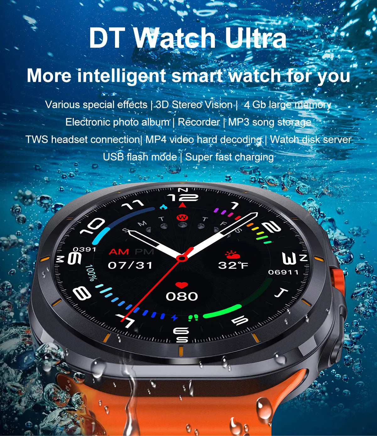 DT Watch Ultra Men Women Sport Smart Watch USB Mode Photo Album Local Music NFC Compass Smartwatch for Samsung Android IOS 2024