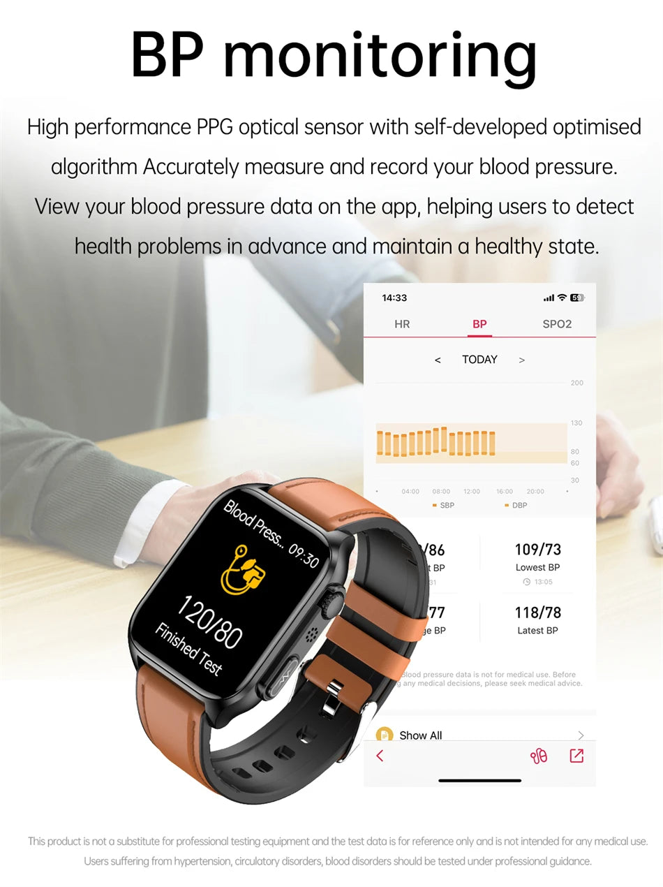 2024 New Non-invasive Blood Sugar Smartwatch Men Voice Calling Wristwatch Body Temperature Stress Test ECG+PPG Waterproof Watch