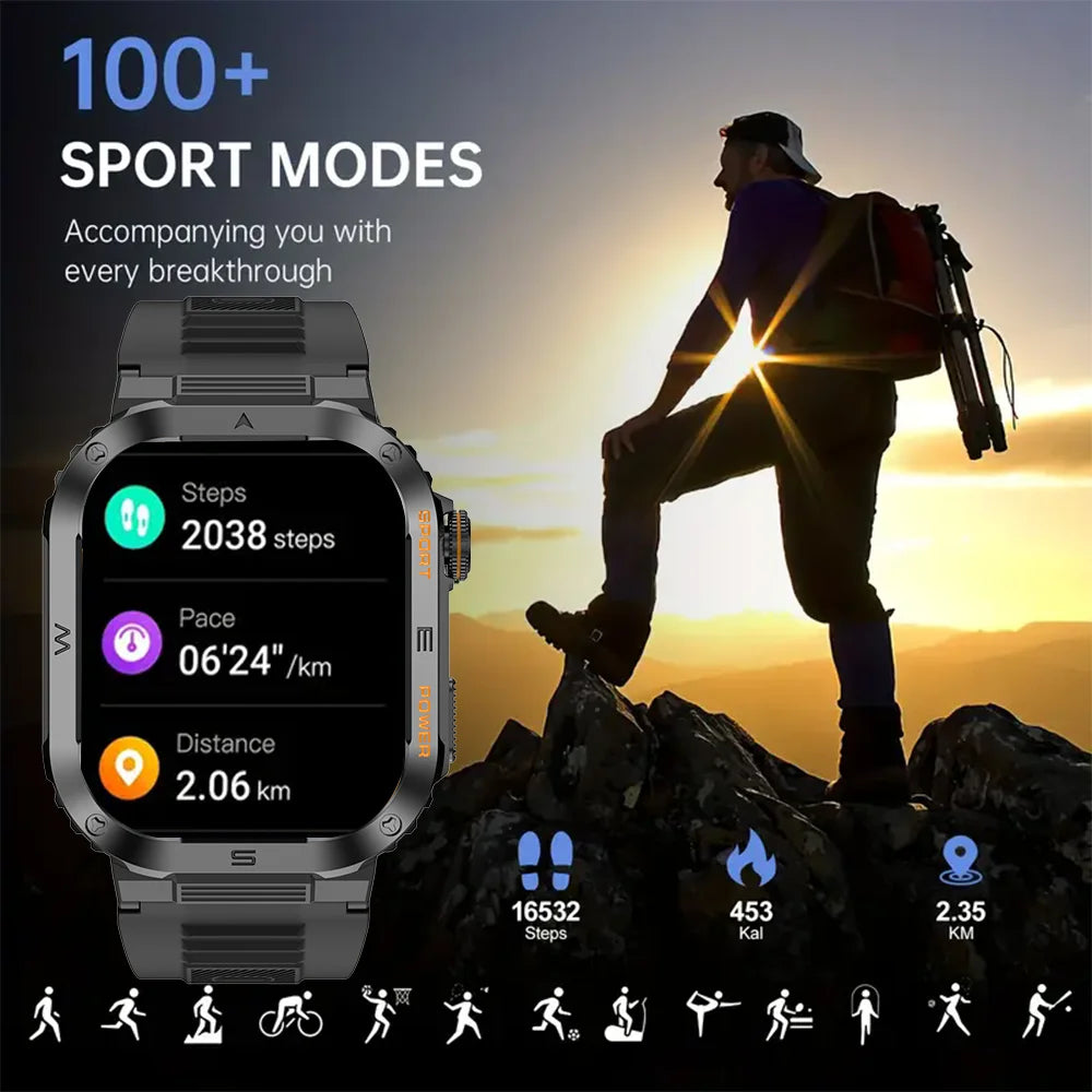 Rugged Military Smart Watch Men For Android IOS Ftiness Watches Ip68 Waterproof 2.05'' AI Voice Bluetooth Call Smartwatch 2024