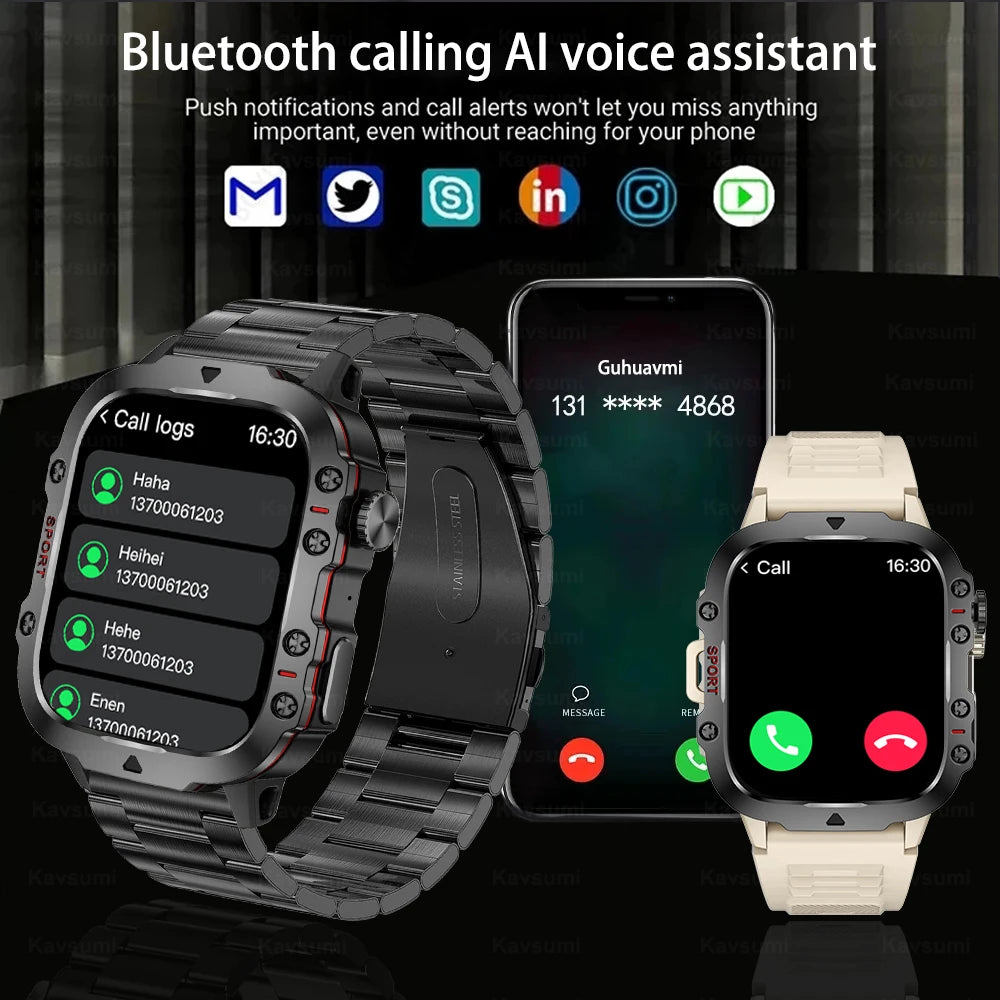 2024 New Rugged Military Smart Watch Men For Android IOS Ftiness Watch IP68 Waterproof 1.96'' AI Voice Bluetooth Call Smartwatch