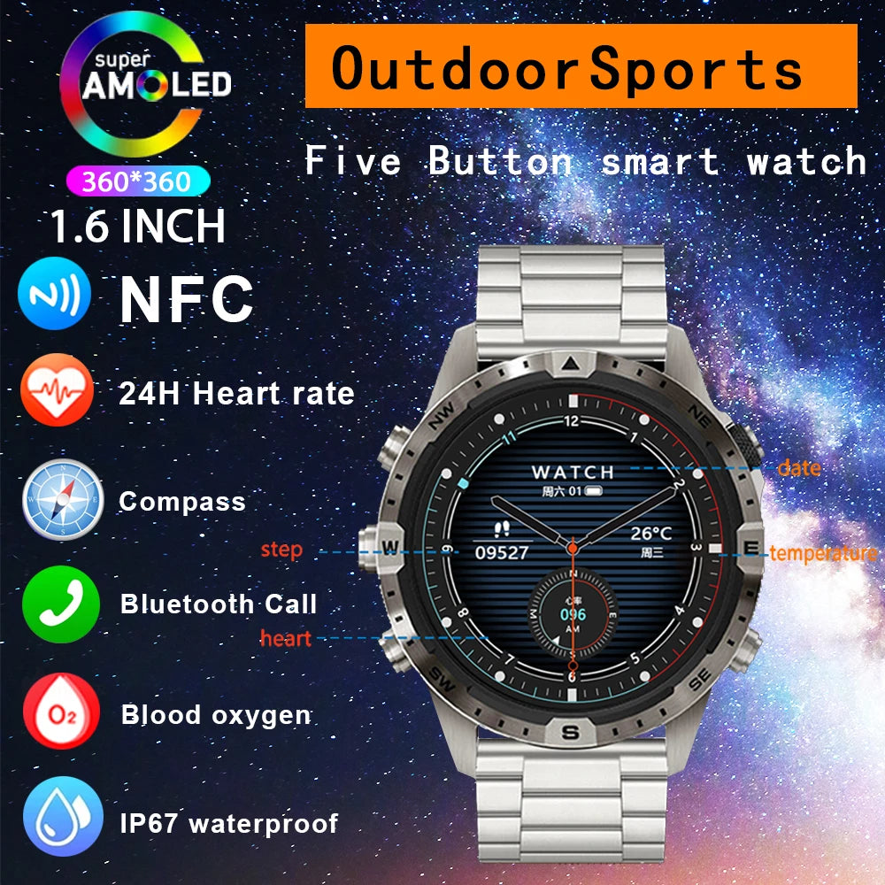 2024 New NFC Bluetooth Call Men Smart Watch 1.6 inch AMOLED Business Watches Compass GPS Sports Track Smartwatch For Metal Body