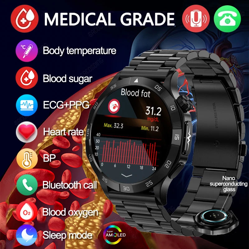 2024 New Blood Sugar Smart Watch Health Blood Lipid Uric Acid Monitor Sports Watch Smart ECG+PPG Bluetooth Call Smartwatch Mens