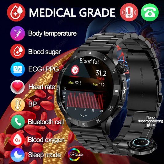 2024 New Blood Sugar Smart Watch Health Blood Lipid Uric Acid Monitor Sports Watch Smart ECG+PPG Bluetooth Call Smartwatch Mens