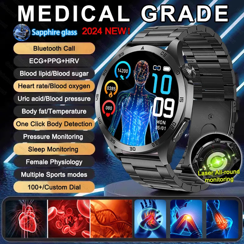 2024 New Laser measuret Three High Smart Watch Men Heart Rate Blood Sugar Uric Acid Health Tracker SmartWatch For Huawei Xiaomi