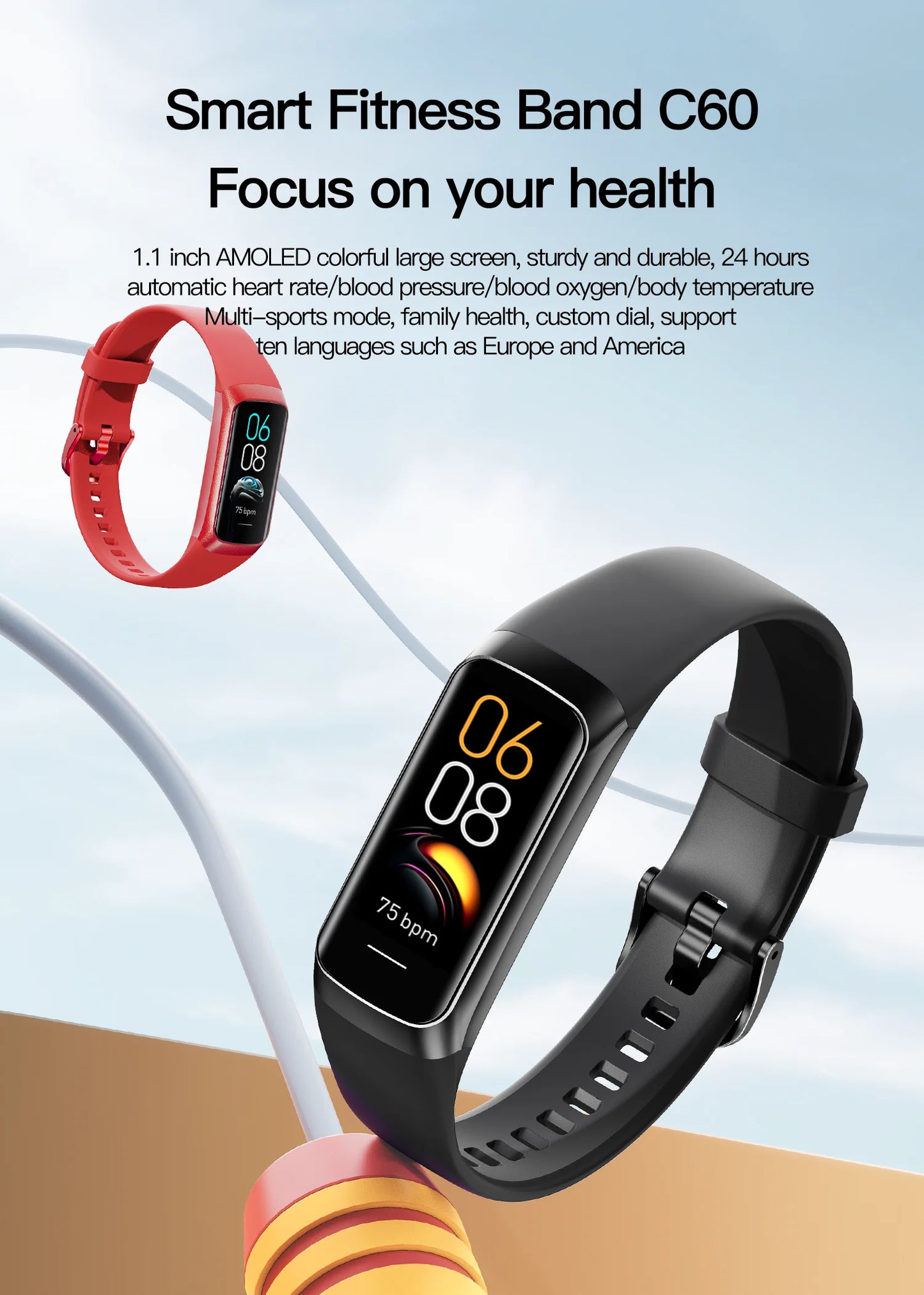 2024 New C60 AMOLED Smart Watch For Man Woman Heart Rate Sport Fitness Tracker 1.1inch SmartBand Bluetooth Call Fashion Bracelet