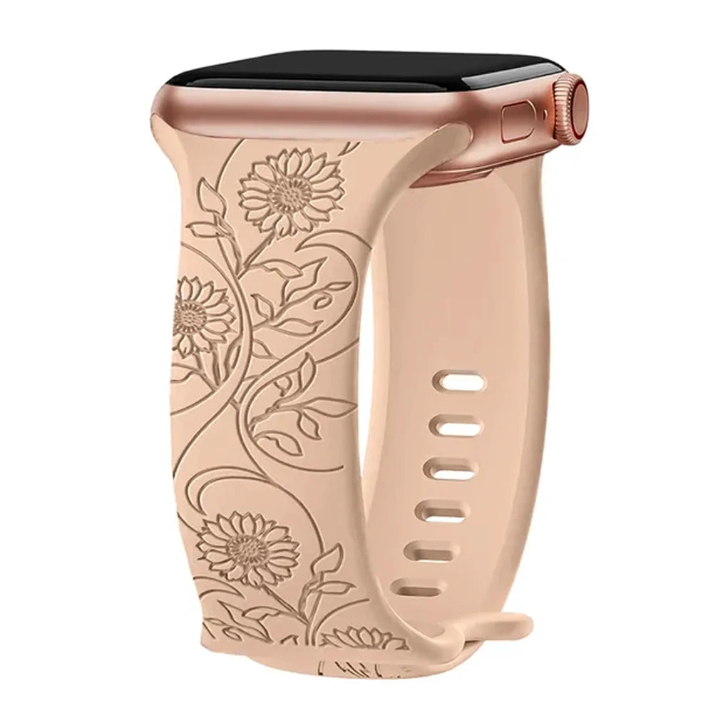 Strap For Apple Watch Band 44mm 42mm 41mm 40mm 45mm 49mm 44 mm Floral Engraved bracelet correa iwatch series 9 7 SE 6 8 Ultra 2