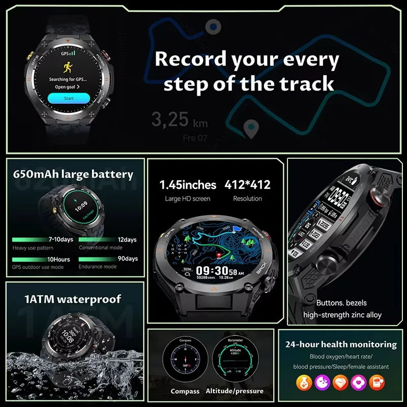 GPS Sport Tracker For Android AMOLED Smart Watch Men Heart Rate Bluetooth Call IP68 Waterproof 650mAh Smartwatch Clock 2024 New