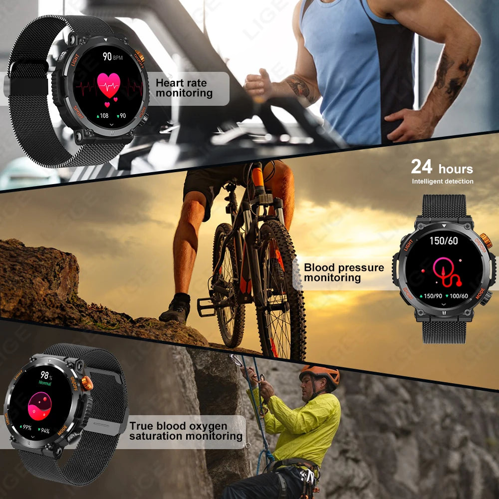 LIGE New Smart Watch Men Outdoor Sport Bluetooth Call Fitness Bracelet With Black Wristwatch LED Flashlight Smartwatch 2024 +BOX