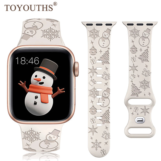 TOYOUTHS Christmas Floral Engraved Band for Apple Watch Band 41mm 40mm 38mm Silicone Strap for iWatch Ultra 9/8/7/SE/6/5/4/3/2/1