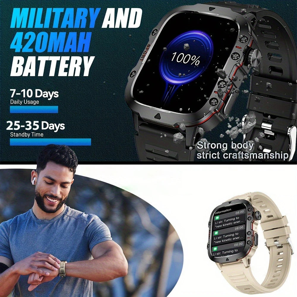 Rugged Military Smart Watch Men 2024 Outdoor Bluetooth Smarthwhatch 420Mah 100+ Sports Custom Faces Smartwatch For ios Android