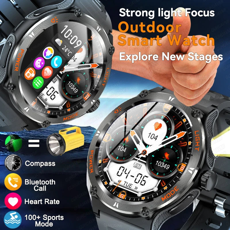 2024 New For Huawei IOS Top Outdoor Military Smartwatch Men Compass Bluetooth Call 3ATM Waterproof Heart Rate LED Lighting Watch