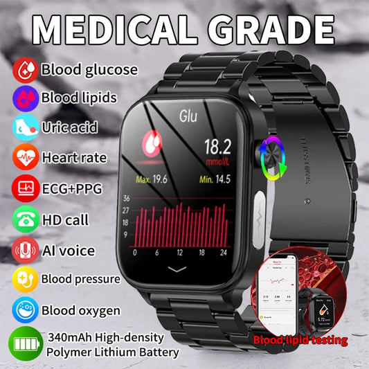 2024 New Blood Lipids Blood Glucose Smart Watch For Men ECG+HRV Fitness Tracker Bluetooth Call Clock Uric Acid Health Smartwatch