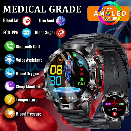 2024 New Smart Watch for Men Blood Glucose ECG Watches Lipids Uric Acid Fitness Tracker Clock Health Smartwatch Bluetooth Call