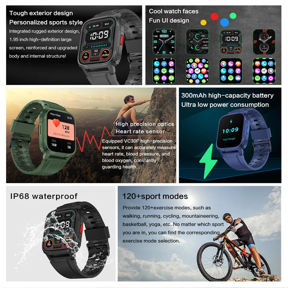 2024 New Military Outdoor Sport Smart Watch Men 1.95 Inch Screen Heart Rate IP68 Waterproof Fitness Bluetooth Call Smartwatch