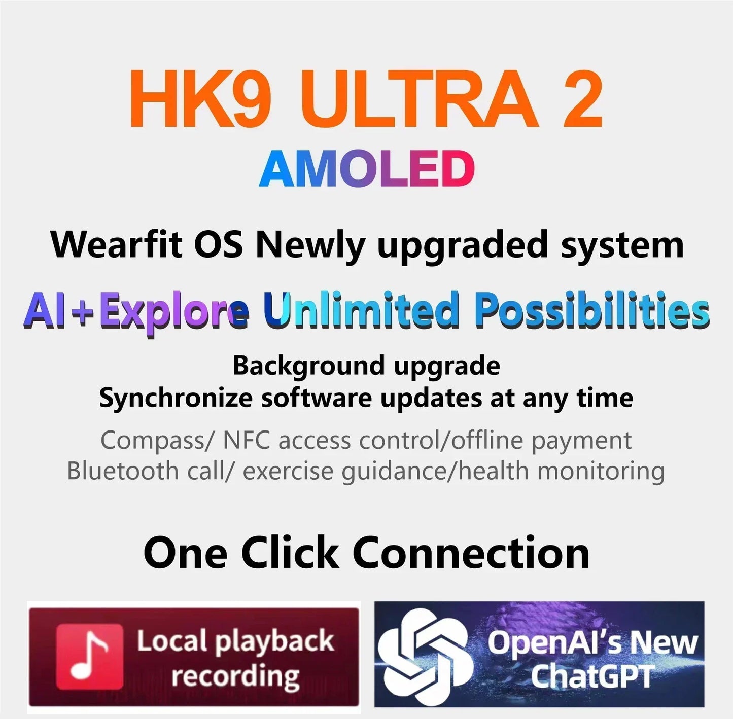 HK9 Ultra 2 AMOLED Smart Watch Men ChatGPT Compass NFC Smartwatch Local Music Sport Watch for Android IOS HK8 Pro Upgraded 2024