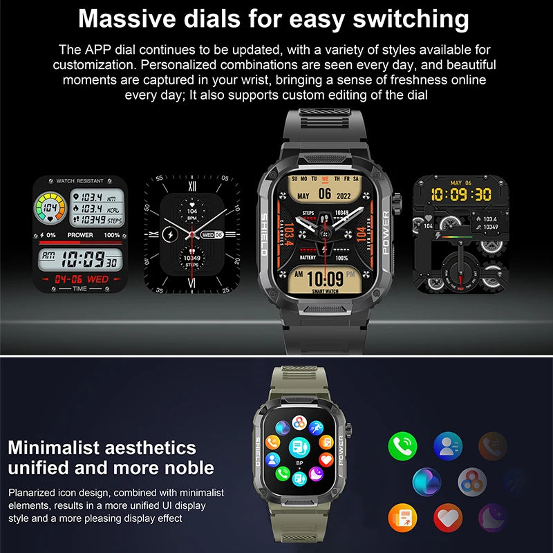 2024 New Outdoor Military Smart Watch Men Bluetooth Call Smartwatch For Android IOS IP68 Waterproof Sports Fitness Smart Watches