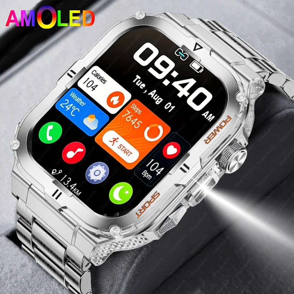 New Rugged Military Black Smartwatch For Men With Flashlight 3ATM Waterproof Sports Fitness Ai Voice Smartwatch Outdoor 2024 New