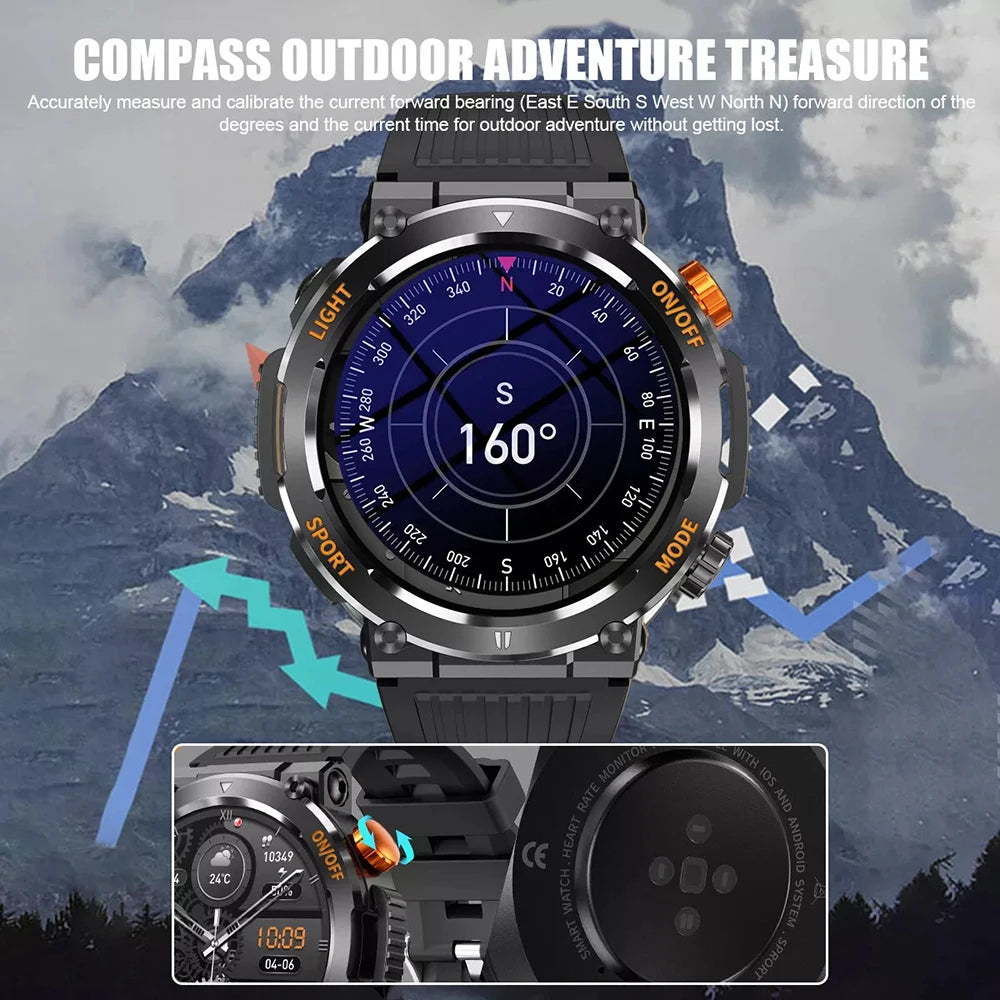 Smart Watch Men With LED Lighting Compass Sports Fitness Tracker Watch IP67 Waterproof Bluetooth Talk SmartWatch 2024