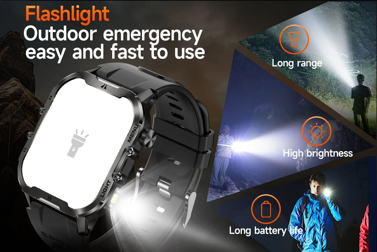 2024 Military Smart Watch Men LED Flashlight Bluetooth Outdoor reloj inteligente Sports Fitness Smartwatch For HUAWEI Xiaomi ios