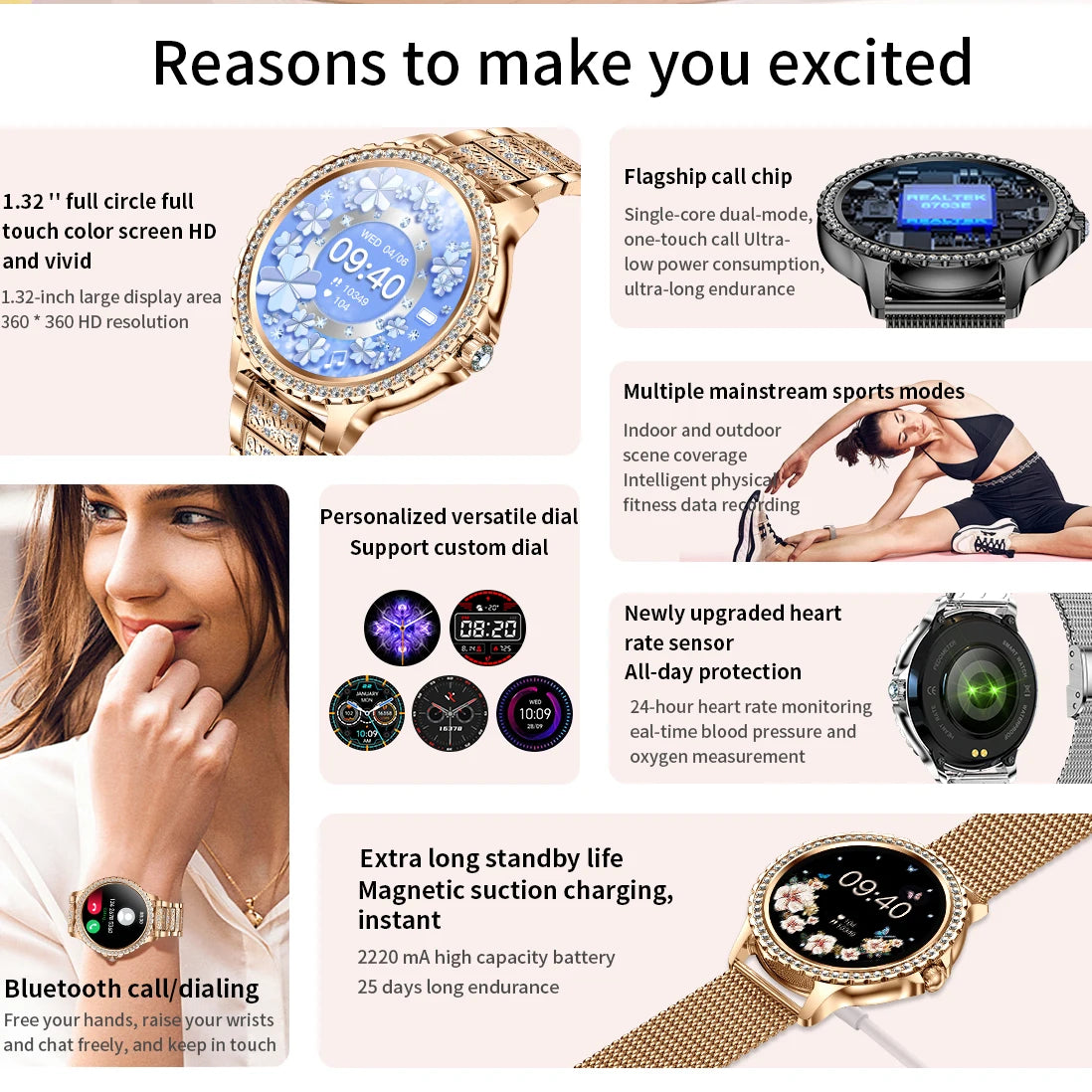 2024 New Gold Luxury Smart Watch Women 1.32Inch HD Screen Sports Custom Dial Heart Rate Voice Call Smart watch For Gift Ladies