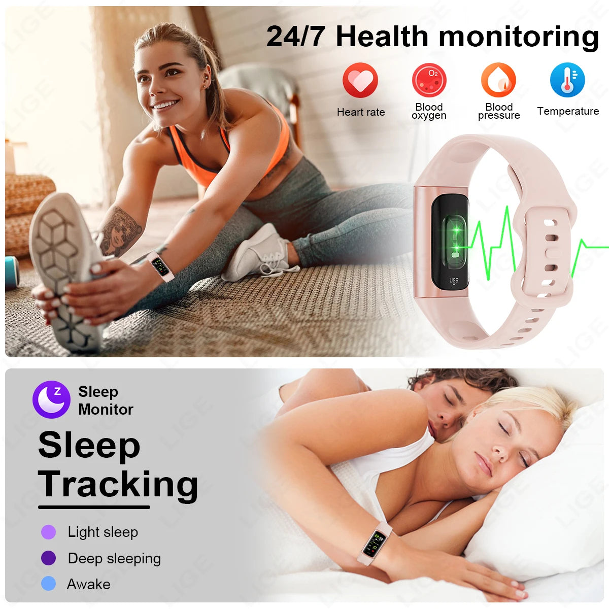 LIGE AMOLED Smart Watch Women 2024 Smart Band Men Heart Rate Monitor Smart Bracelet Sport Fitness Tracker Waterproof Smartwartch