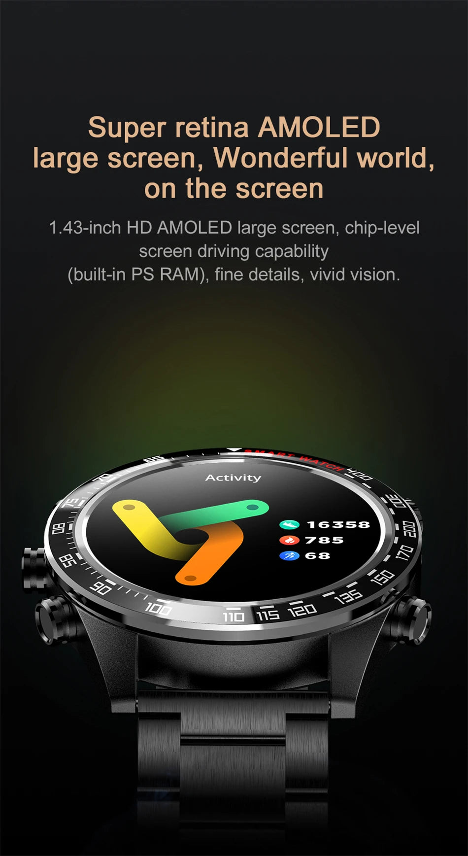 Always show time 2024 New Smart Watch 1.43"AMOLED Display Bluetooth Phone Call Smartwatch Monitor IP68 Waterproof Fitness Watch