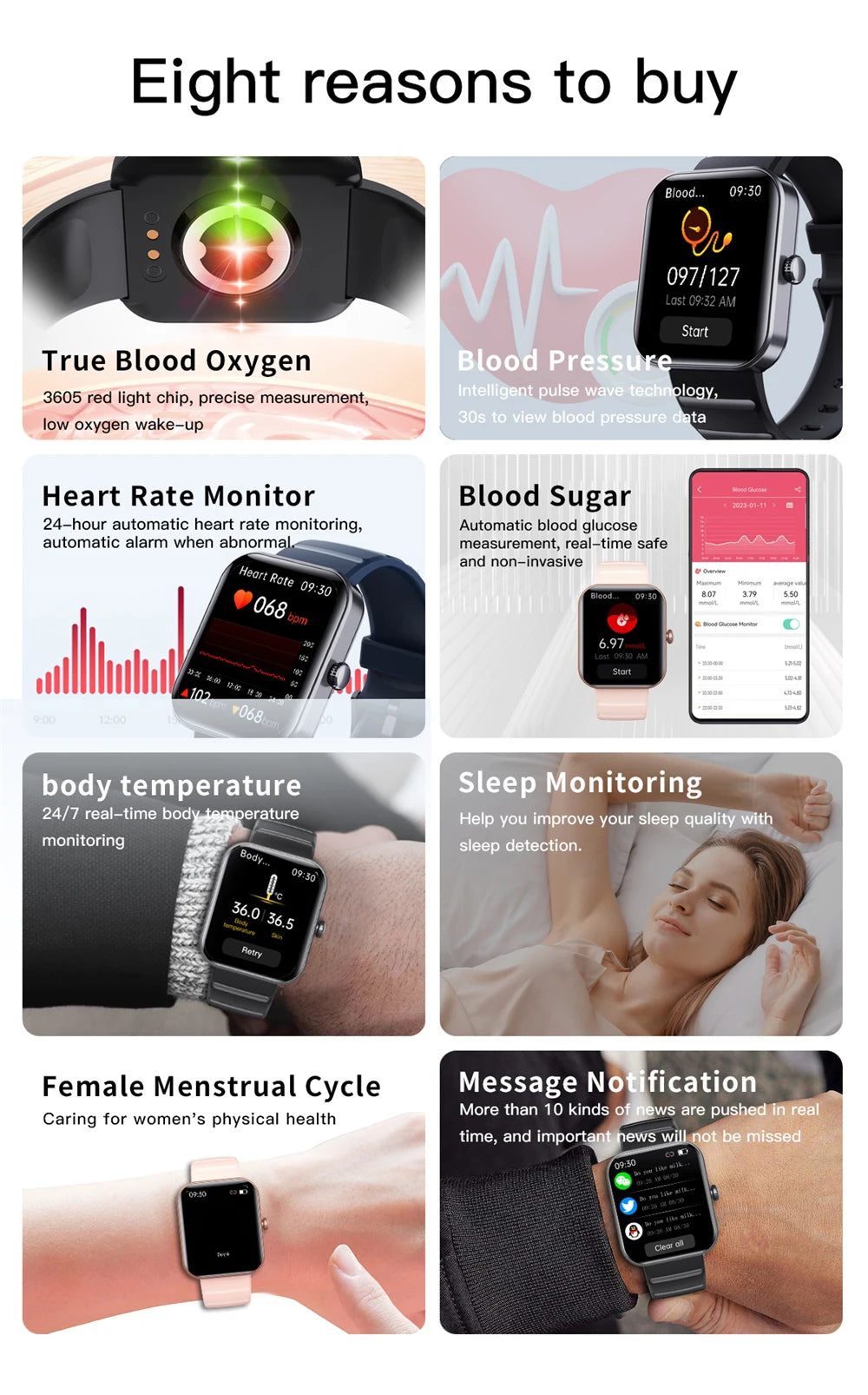 2024 New 1.9" Men Women Blood Glucose Heartrate BLood Oxygen Temperature Monitor Health Smart Watch Sports Waterproof Smartwatch