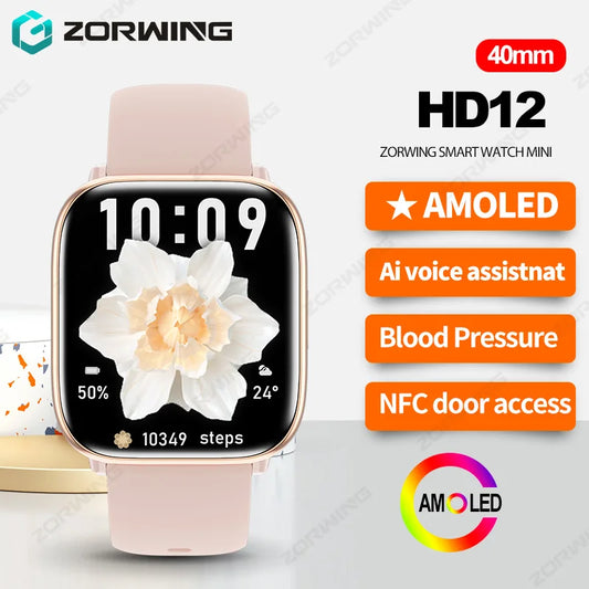 HD12 AMOLED Screen Smart Watch Men Women Bluetooth Call NFC Calendar Smartwatch Heart Rate Blood Pressure Sport Watch 40mm 2024