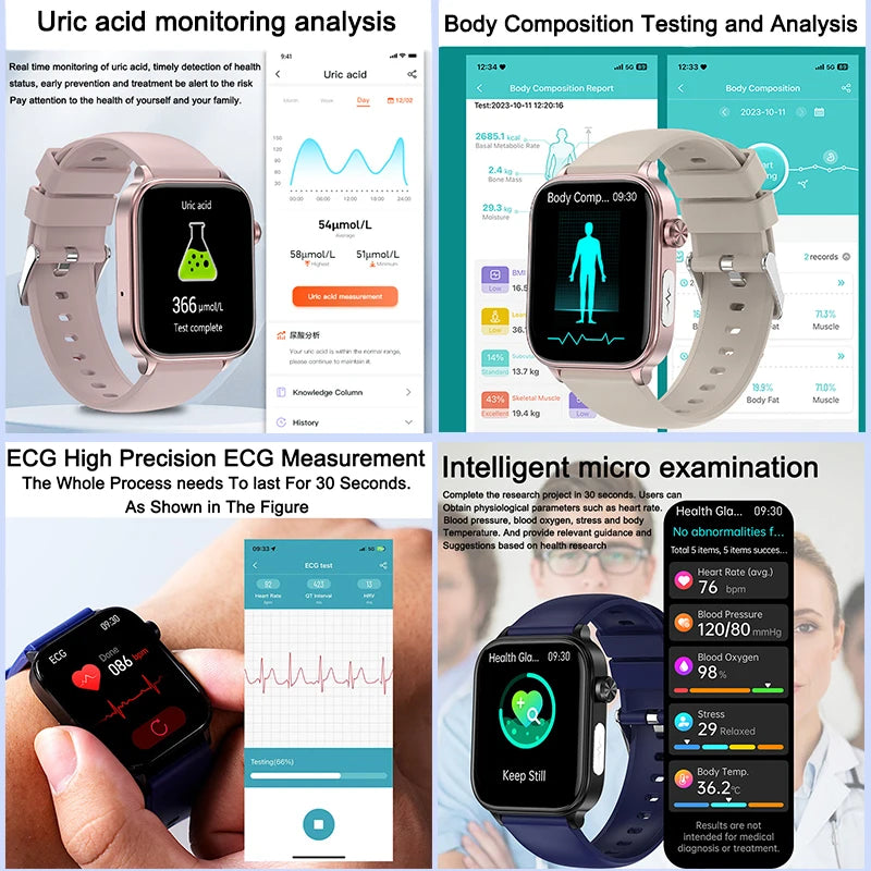 2024 New Blood Lipids Uric Acid Non-Invasive Blood Glucose Smart Watch Men ECG+PPG Bluetooth call AI Voice Assistant Smartwatch