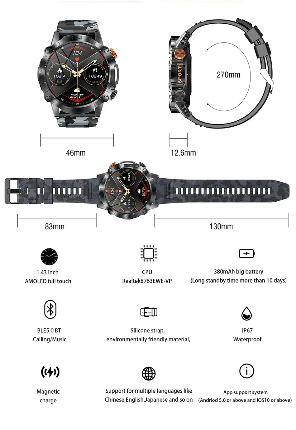 2024 Men Smart Watch AMOLED 466*466 1.43 inches 380mAh Bluetooth Call Fitness Tracker Custom Dial Heart Rate Sport Smartwatch