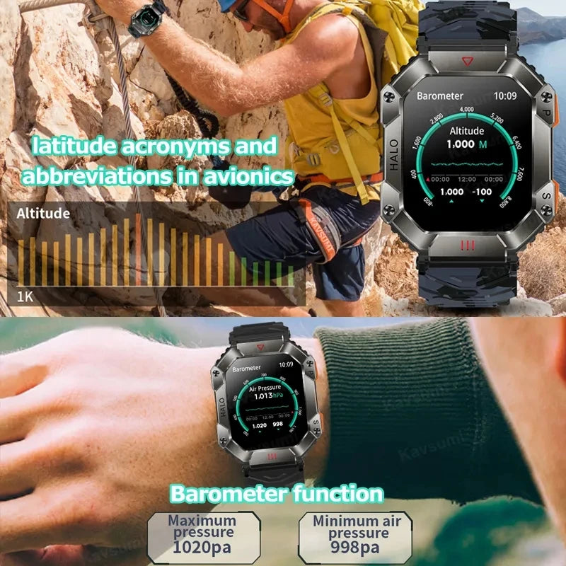 2024 New Durable Military Smart Watch Men Bluetooth Call Custom Dial IP67 Waterproof Compass Sports Smartwatch For Android Ios