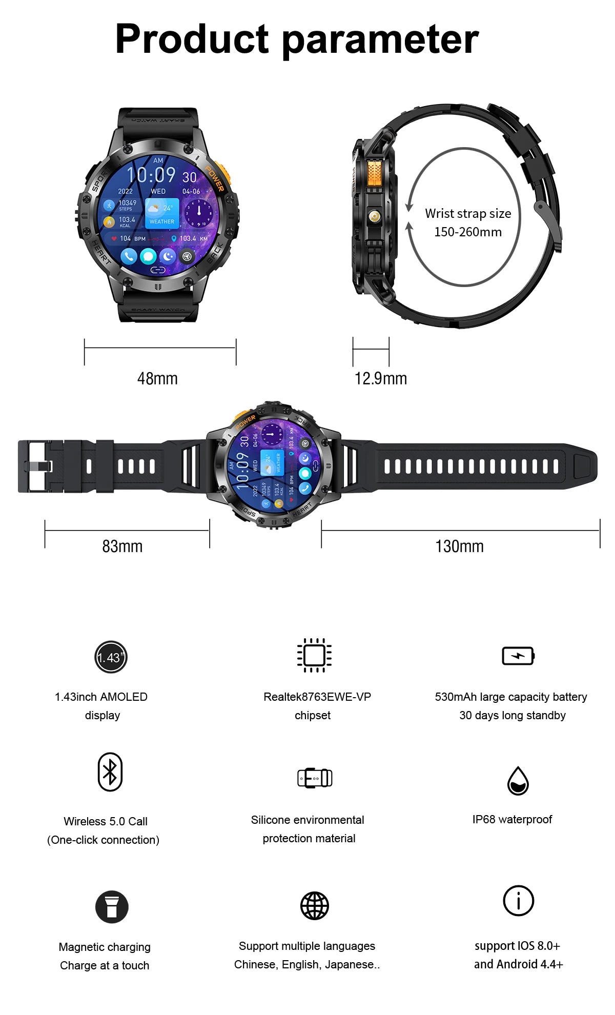 LIGE Outdoor Smartwatch For Men Bluetooth Call 530mAh Battery Flashlight AMOLED Watch Screen Sports Waterproof Smart Watch 2024