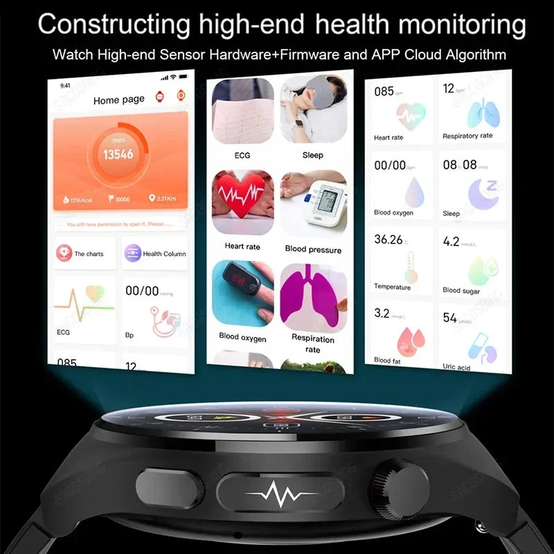 2024 New ECG+PPG AI Medical Diagnosis Uric Acid Non invasive Blood Glucose Smart Watch Men Bluetooth Call Blood Lipid Smartwatch