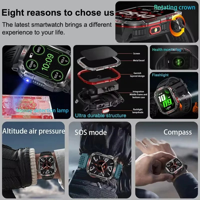 Military Sports GPS Smartwatch Men Flashlight Compass Altitude Pressure Fitness 3ATM Waterproof Bluetooth Call Smart Watch 2024