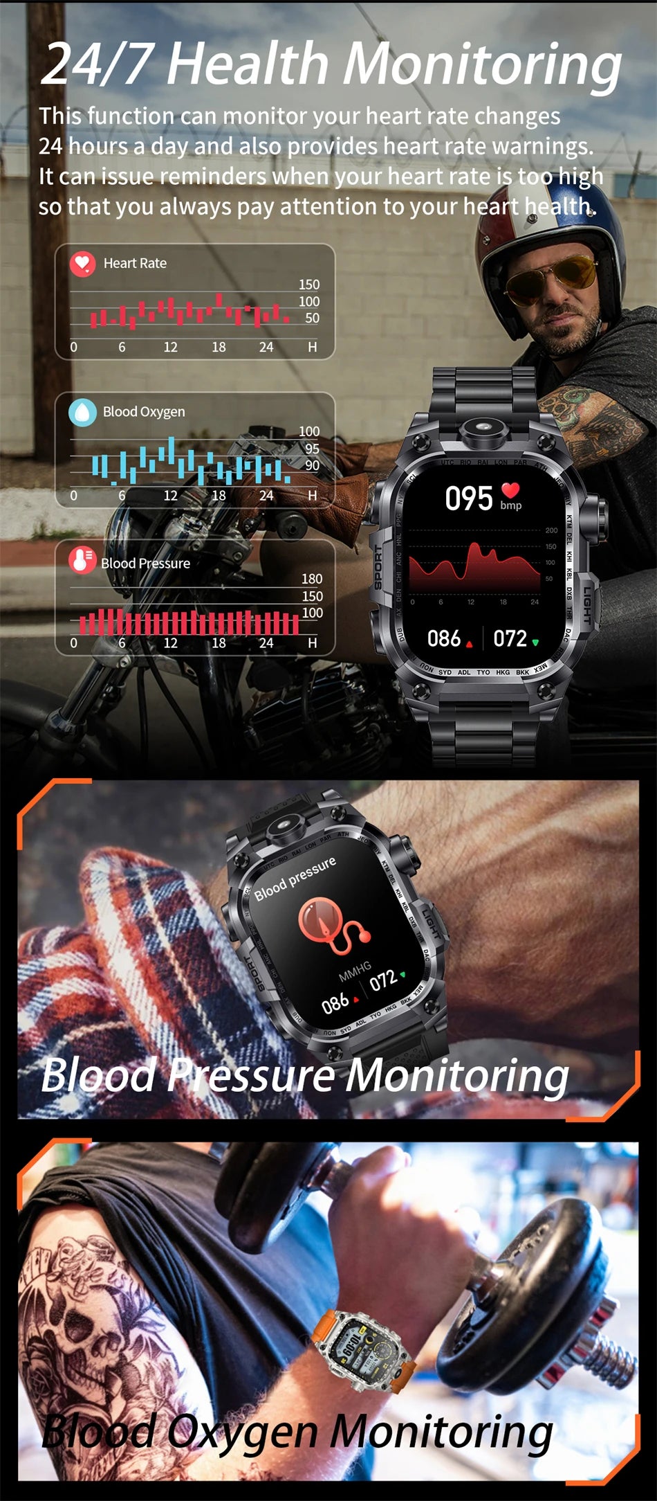 2024 Military Men Smart Watch Outdoor Flashlight Women Watch Sport Fitness Tracker Blood Oxygen Monitoring Smartwatch For Xiaomi