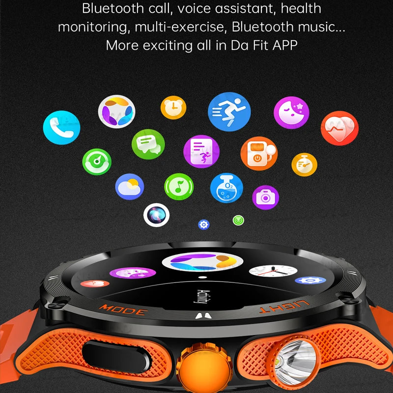 2024 New Flashlight Smart Watch Men Outdoor Sports Clock 3ATM Waterproof Wristwatch Blood Pressure HR Monitor BT Call Smartwatch